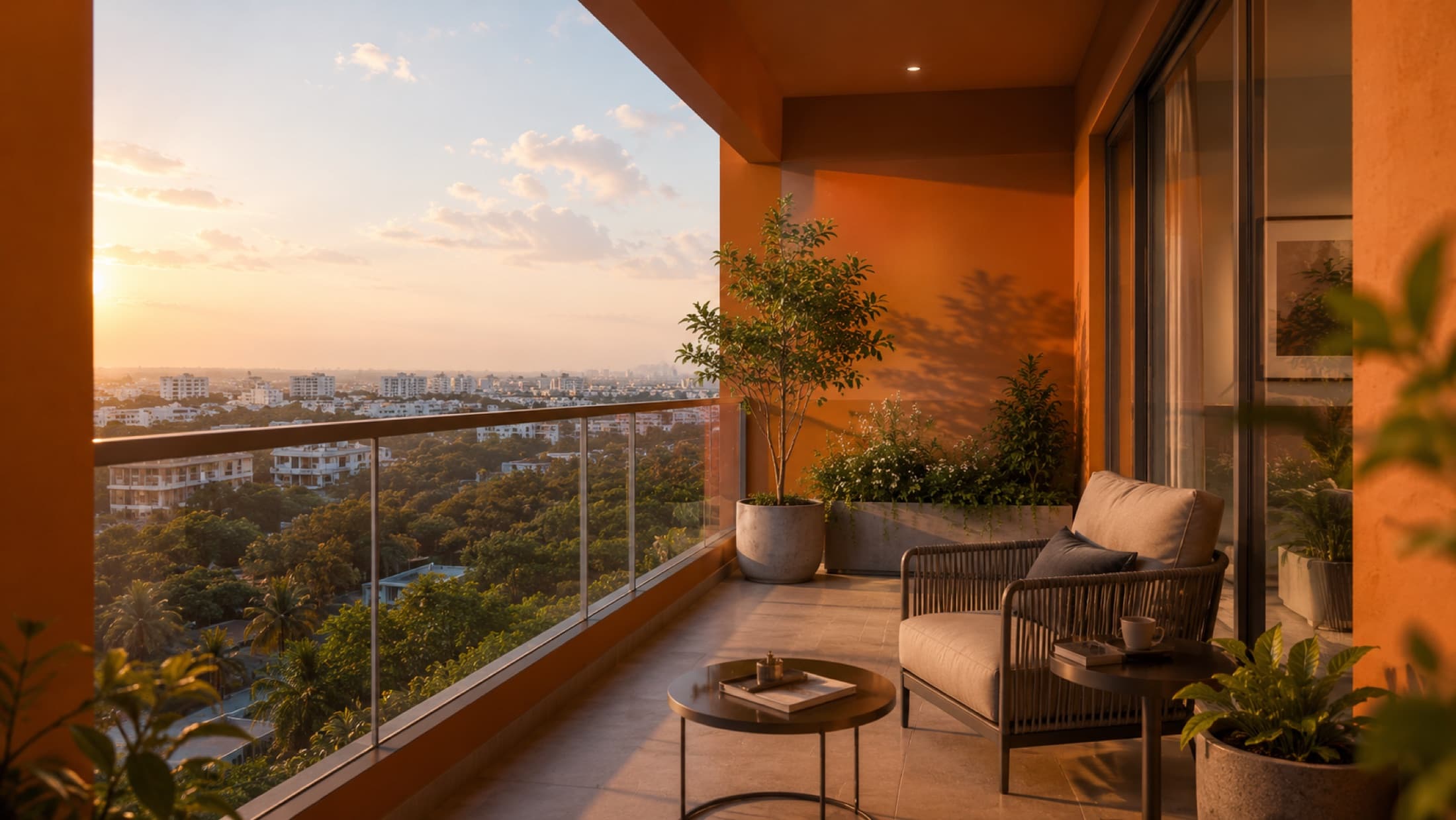A private balcony over the green landscape