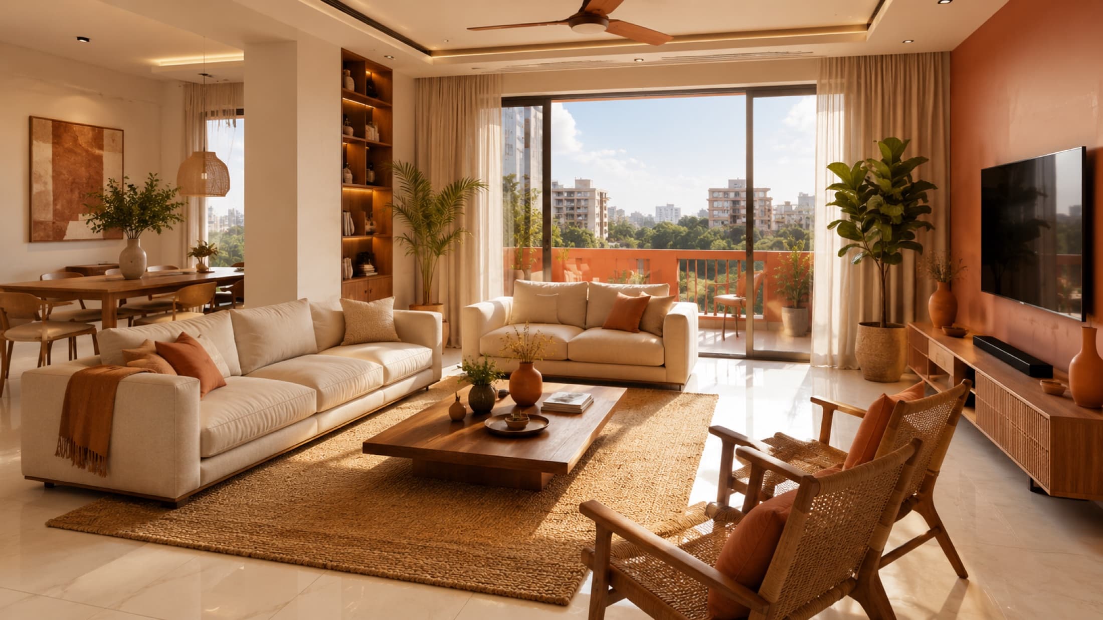 The generous living and dining space filled with evening light