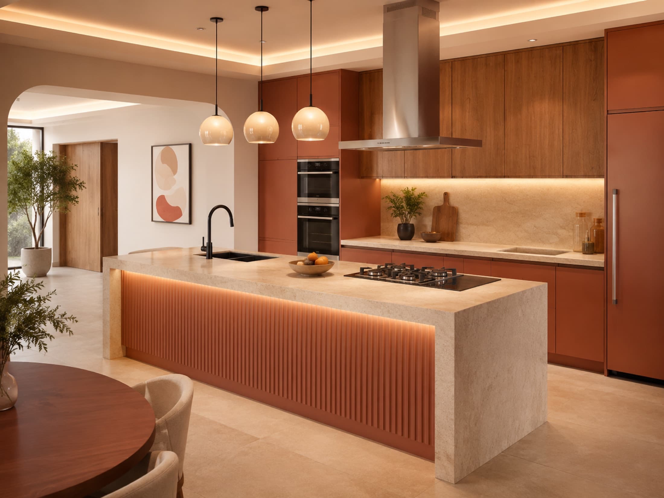 The functional family kitchen in warm terracotta and stone